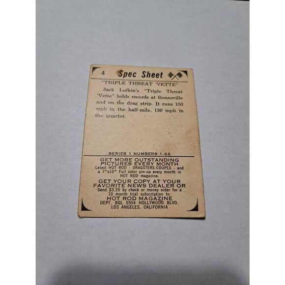 Vintage 1965 Hot Rod Magazine #4 Triple Threat Vette Jack Lufkin Trading Card - Picture 3 of 5